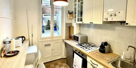 Cuisine d'un appartement dans le 19° arrondissement, avec vue sur la cour intérieure et les poubelles