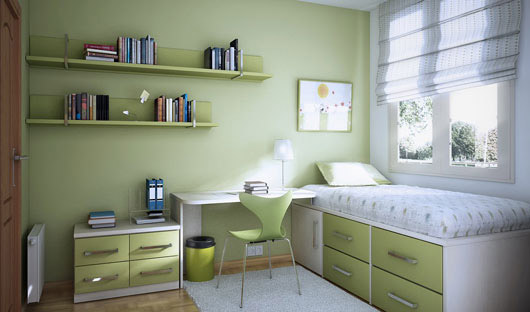 Chambre dans les tons verts, avec des meubles simples et beaucoup de rangements