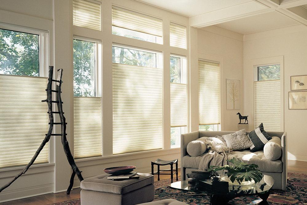 Stores plissés écrus dans une grande pièce lumineuse