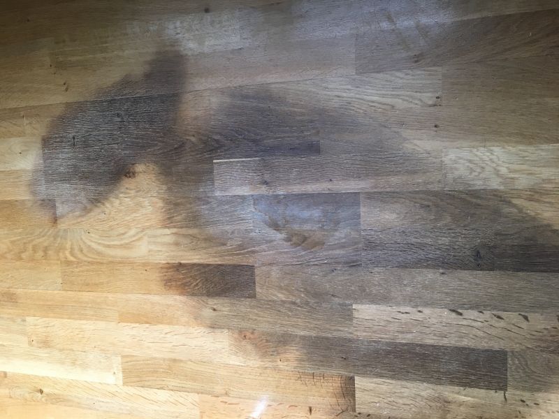 Vue d'un parquet en bois clair avec de grandes taches noires
